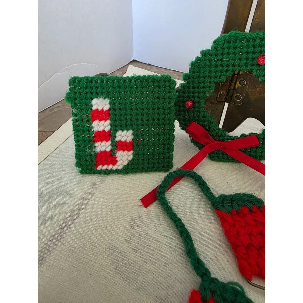 Vintage Christmas Ornaments Handmade Needlepoint Wreath Candy Cane Ice Skates‎